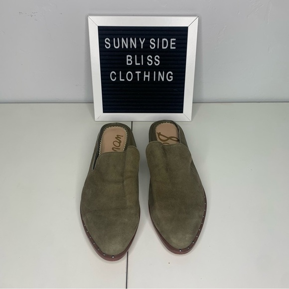 Sam Edelman Lewellyn Olive Green Suede Slip On Flat Mules Size 8 - Picture 1 of 15